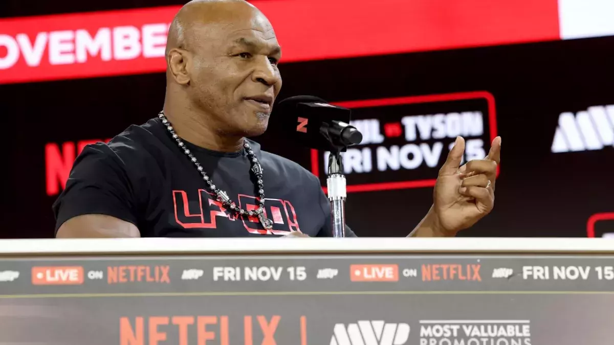 Mike Tyson, le 18 août 2024, à New-York lors de la présentation de son combat face à Jake Paul.