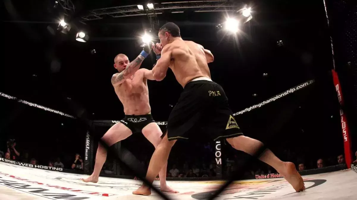 Deux combattants de MMA dans la cage. 