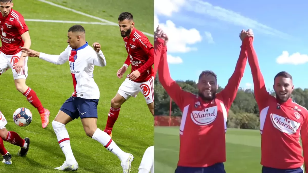 Mbappe contre des joueurs de Brest, Youcef Belaili, Haris Belkebla 