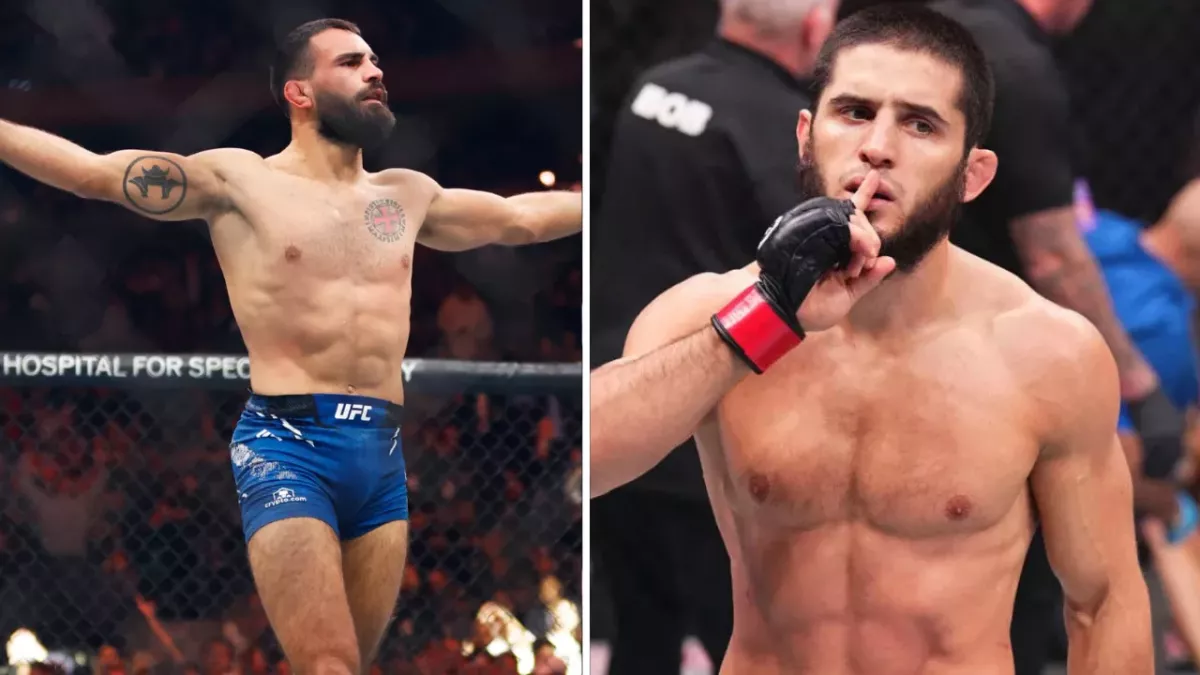Benoit Saint-Denis et Islam Makhachev dans le cage de l'UFC