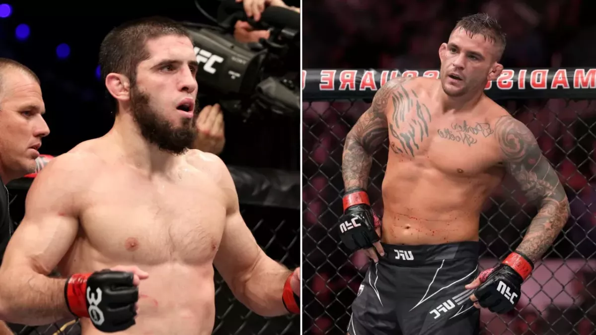Islam Makhachev et Dustin Poirier dans la cage de l'UFC