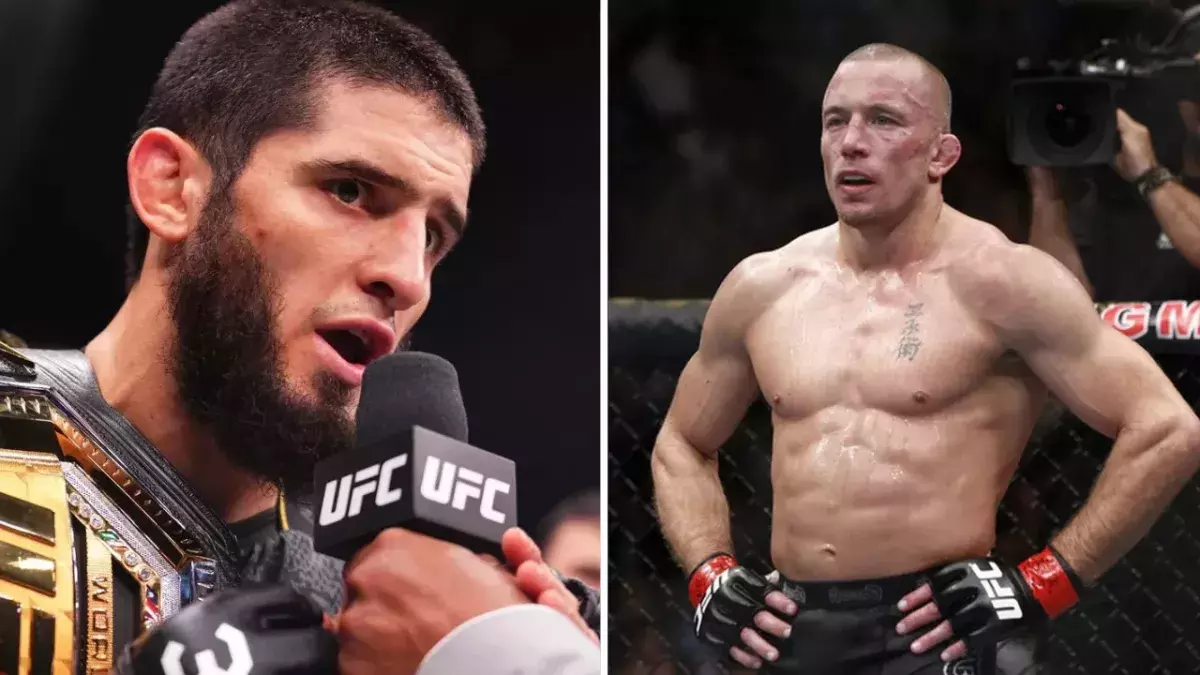 Islam Makhachev et George Saint-Pierre dans la cage de l'UFC