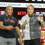 Mike Tyson et Jake Paul lors de la conférence de presse de présentation de leur combat.