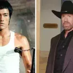 Bruce Lee et Chuck Norris, deux stars des arts martiaux au cinéma. 