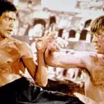 Bruce Lee et Chuck Norris sur le tournage du film La Fureur du Dragon. 