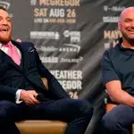 Conor McGregor et Dana White lors de la conférence de presse avant le combat de l'Irlandais face à Mayweather. 