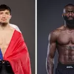 Baysangur Chamsoudinov et Cédric Doumbé savec l'équipement du PFL. 