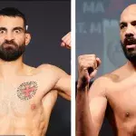 Benoît Saint-Denis, à gauche lors de sa pesée face à Dustin Poirier et Cyrille Diabaté, à droite, avant un combat UFC en 2014.
