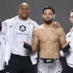 Ciryl Gane et Nassourdine Imavov en comapgnie de leur coach Fernand Lopez. 
