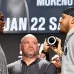 Francis Ngannou et Ciryl Gane face-à-face lors de la conférence de presse de l'UFC 270. 