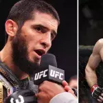 Islam Makhachev et George Saint-Pierre dans la cage de l'UFC