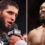 Islam Makhachev et Jon Jones dans la cage de l'UFC