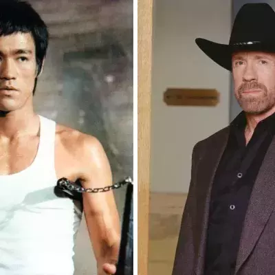 Bruce Lee et Chuck Norris, deux stars des arts martiaux au cinéma. 