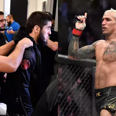 Khabib Nurmagomedov avec Islam Makhachev et Charles Oliveira 
