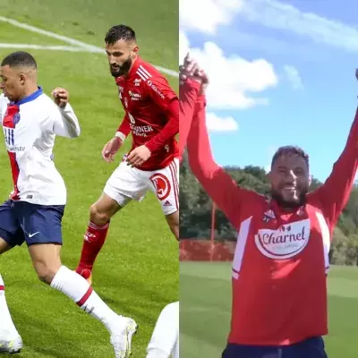 Mbappe contre des joueurs de Brest, Youcef Belaili, Haris Belkebla 