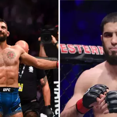 Benoit Saint-Denis et Islam Makhachev dans le cage de l'UFC