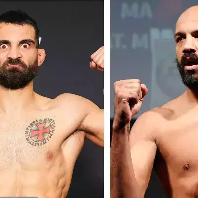 Benoît Saint-Denis, à gauche lors de sa pesée face à Dustin Poirier et Cyrille Diabaté, à droite, avant un combat UFC en 2014.