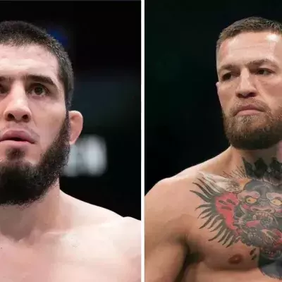Islam Makhachev et Conor McGregor dans la cage de l'UFC