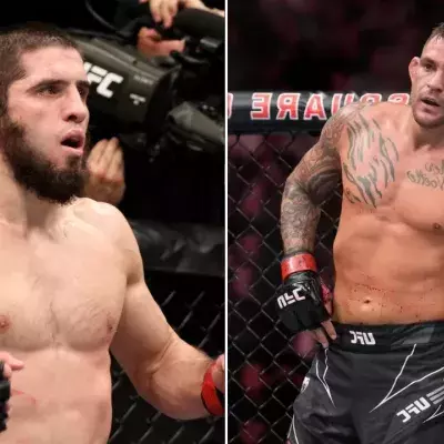 Islam Makhachev et Dustin Poirier dans la cage de l'UFC