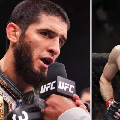Islam Makhachev et George Saint-Pierre dans la cage de l'UFC