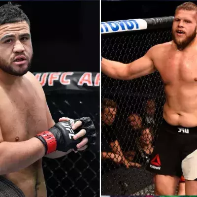 Tai Tuivasa et Marcin Tybura dans la cage de l'UFC