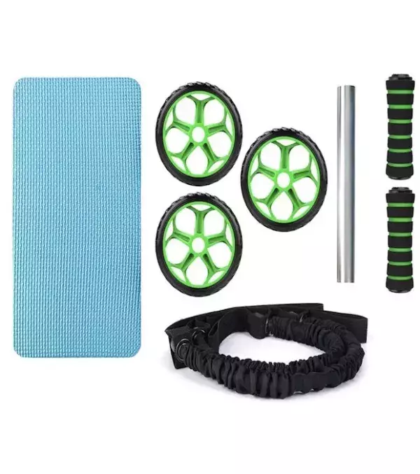 Le kit est composé de 3 roues abdominales avec tapis pour genoux, 2 cordes élastiques de résistance et 2 poignées de support pour pompes
