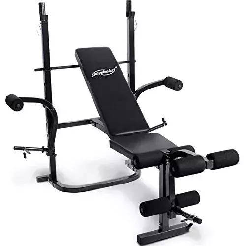 Le banc de musculation Physionics possède un dossier réglable sur 4 niveaux et des supports pour les jambes et les bras. Prix : 70,95 euros.