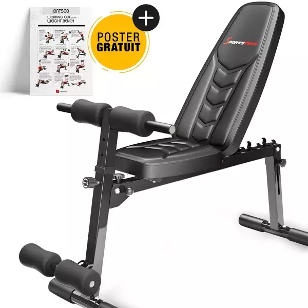 Le banc de musculation Sportstech BRT 500 est un appareil multifonction qui privilégie le confort du sportif. Il dispose également d'un système de réglages pour varier les séances. Prix : 169 euros.